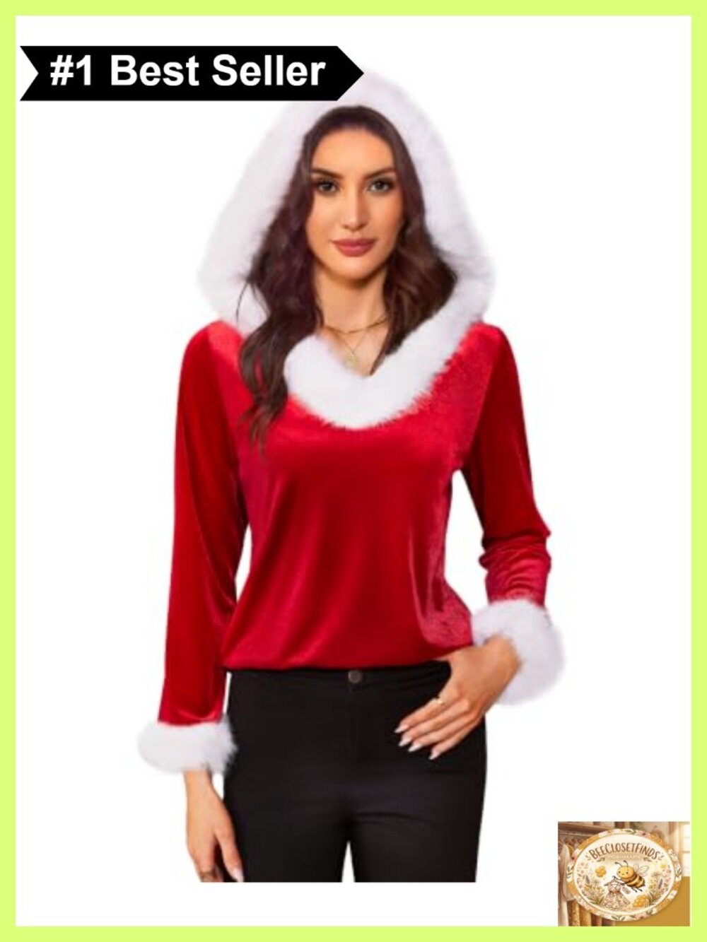Santa Hooded V Neck Velvet Fur Trim Christmas Sweater Top